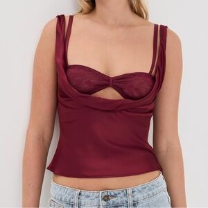 ✨🌺 ✨ Satin Bordeaux Draped Cowl Bustier Crop Top Sexy Coquette Y2K L ✨ 🌺✨